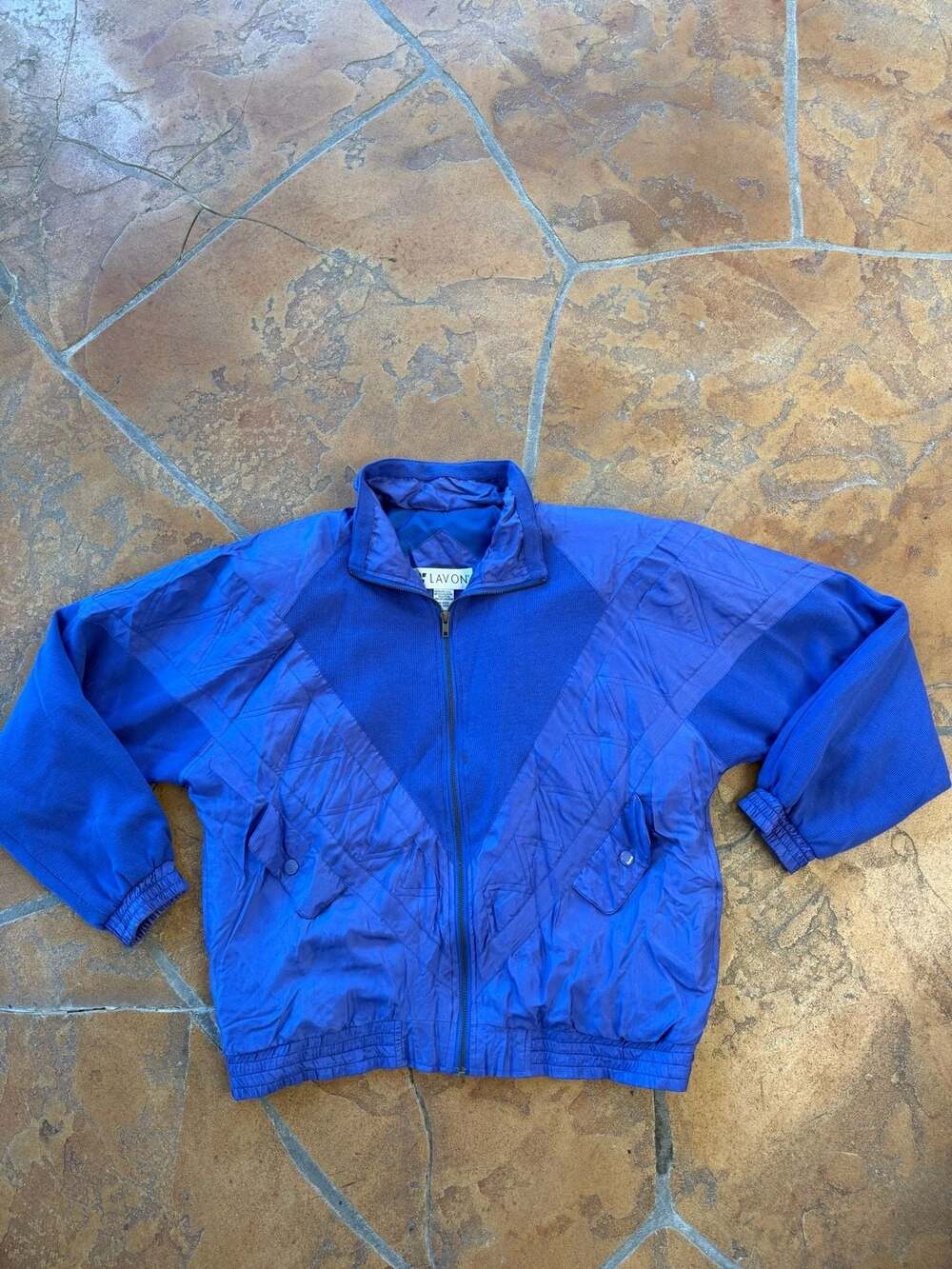 Lavon Vintage Blue Silk Track Jacket Size L Retro Full Zip Windbreaker